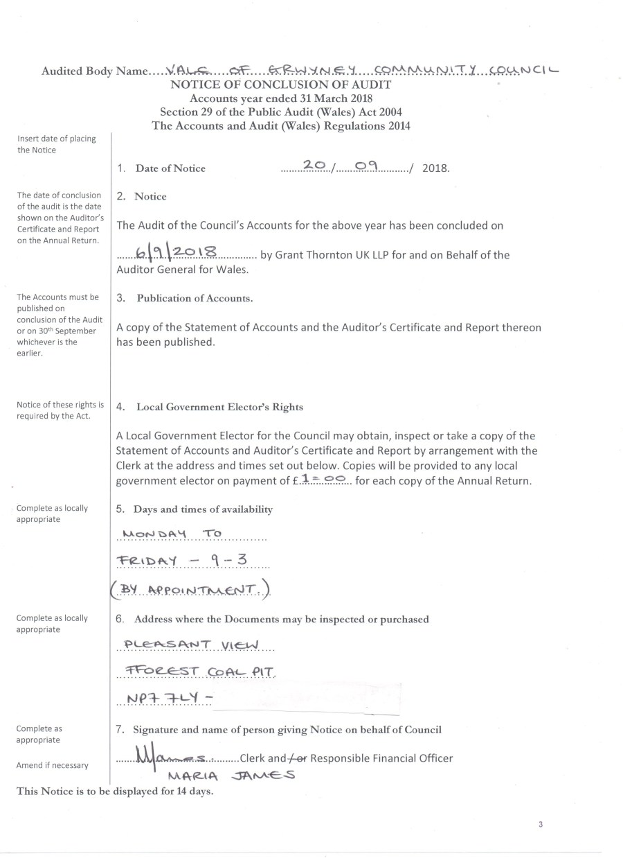 Notice of Conclusion of Audit - Year ended 31 March 2018