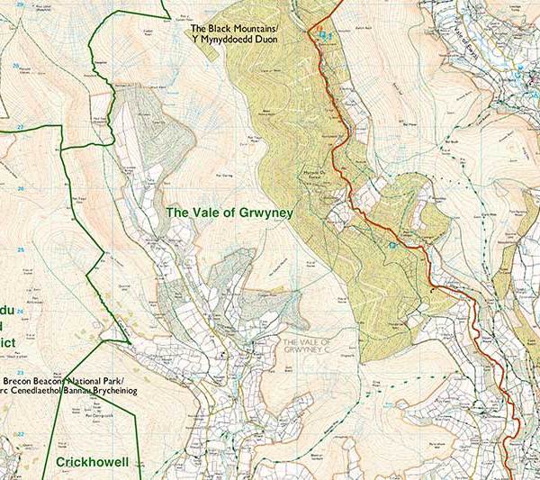 Ordnance Survey map of the Vale of Grwyney area with community area limits marked as an overlay